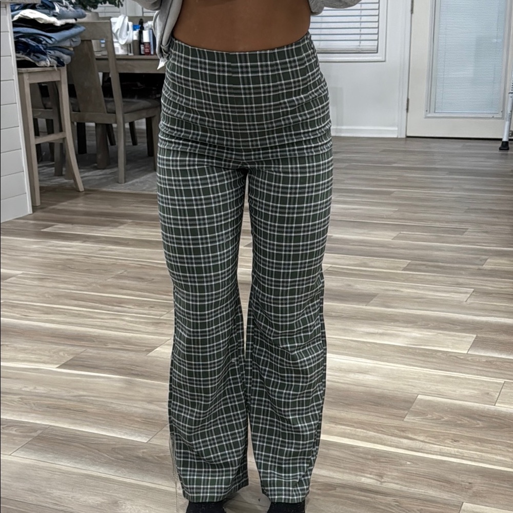 Beginning Boutique Green Plaid Wide Leg Pants